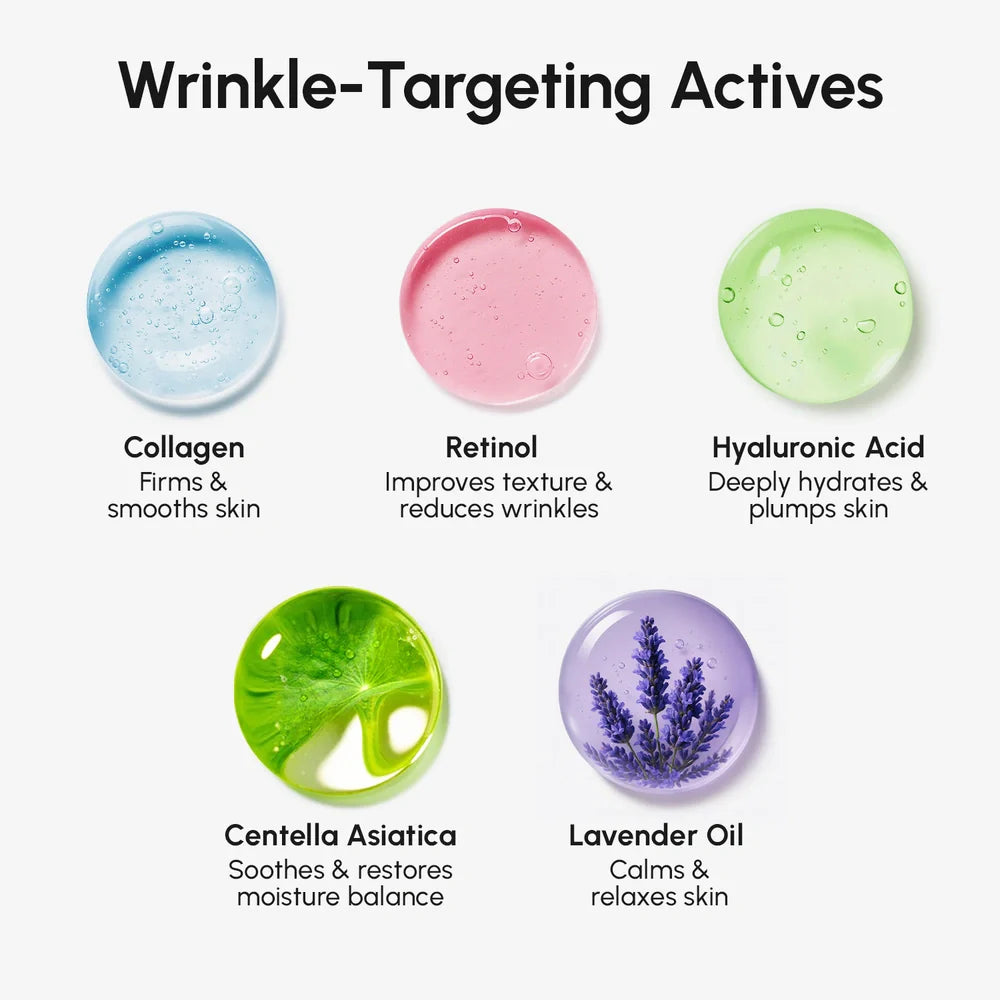 Marée anti-wrinkle forehead hydrogel patches applied to a woman's forehead, shown against a clean light background