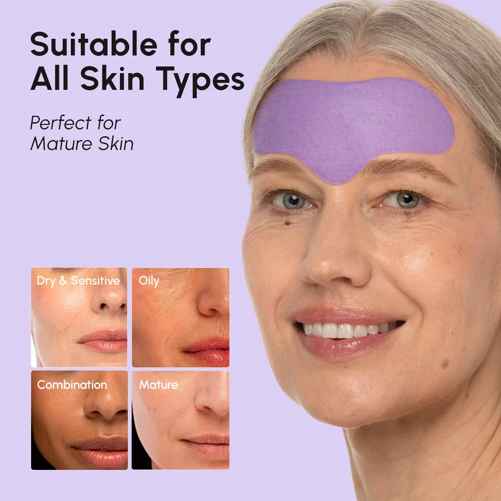 Marée anti-wrinkle forehead hydrogel patches applied to a woman's forehead, shown against a clean light background