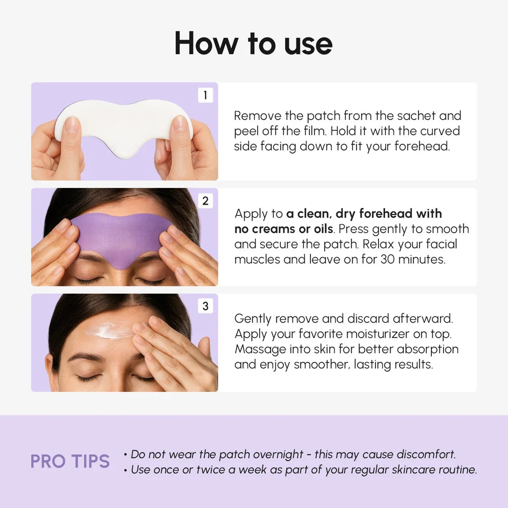 Marée anti-wrinkle forehead hydrogel patches applied to a woman's forehead, shown against a clean light background