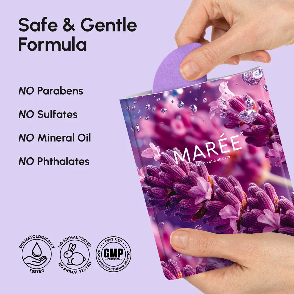 Marée anti-wrinkle forehead hydrogel patches applied to a woman's forehead, shown against a clean light background