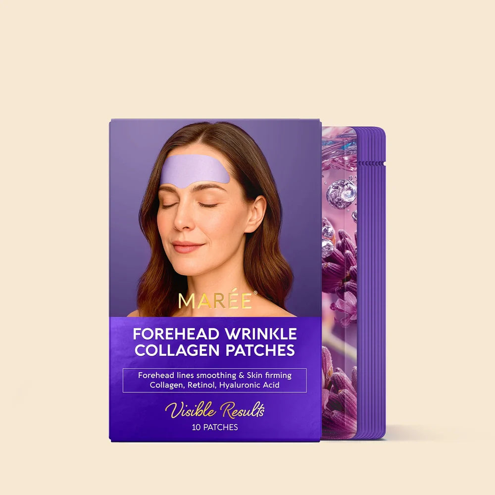 Marée anti-wrinkle forehead hydrogel patches applied to a woman's forehead, shown against a clean light background