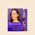 Marée anti-wrinkle forehead hydrogel patches applied to a woman's forehead, shown against a clean light background