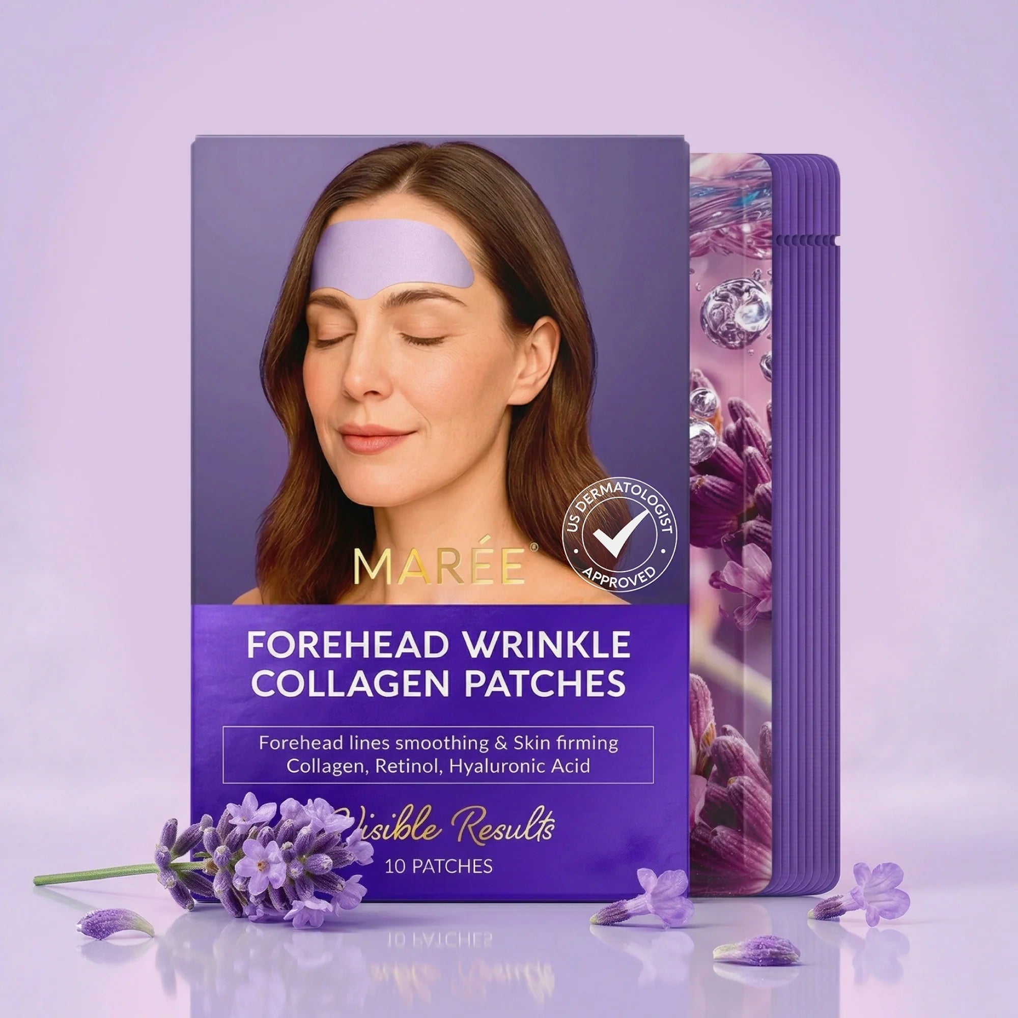 Marée anti-wrinkle forehead hydrogel patches applied to a woman's forehead, shown against a clean light background