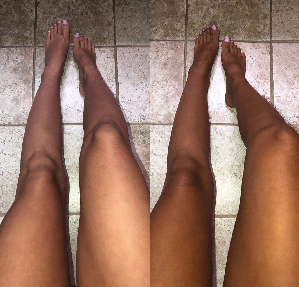 Dark neutral bronze self-tanning mousse in whipped foam texture, shown with applicator on light background