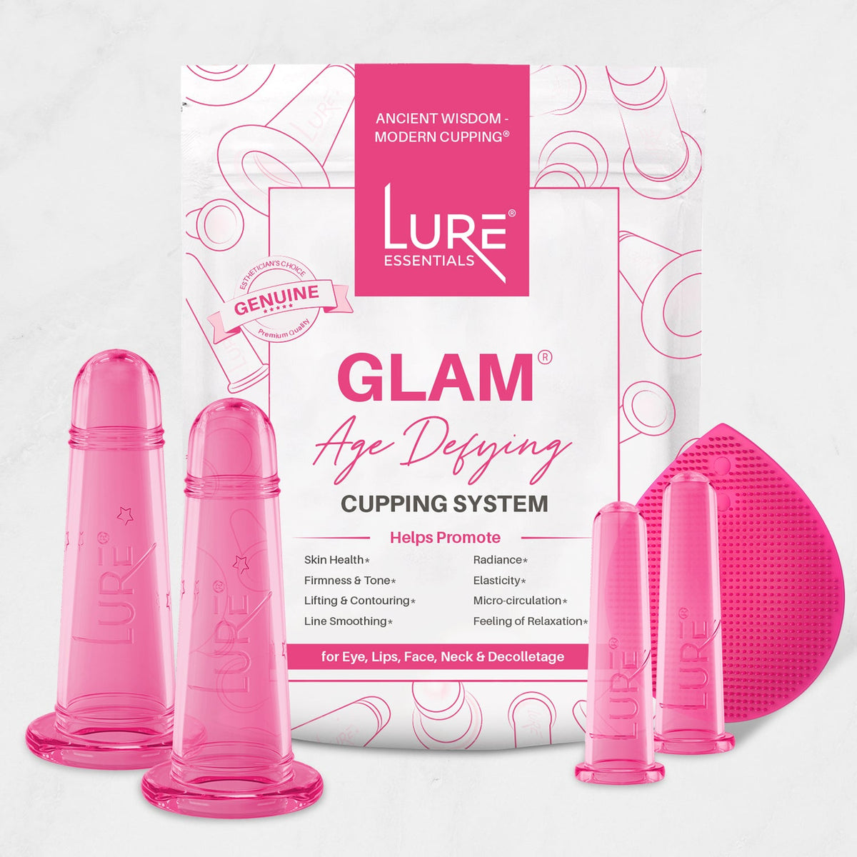 Lure Essentials GLAM facial cupping set with cups sized for the face, eyes and lips