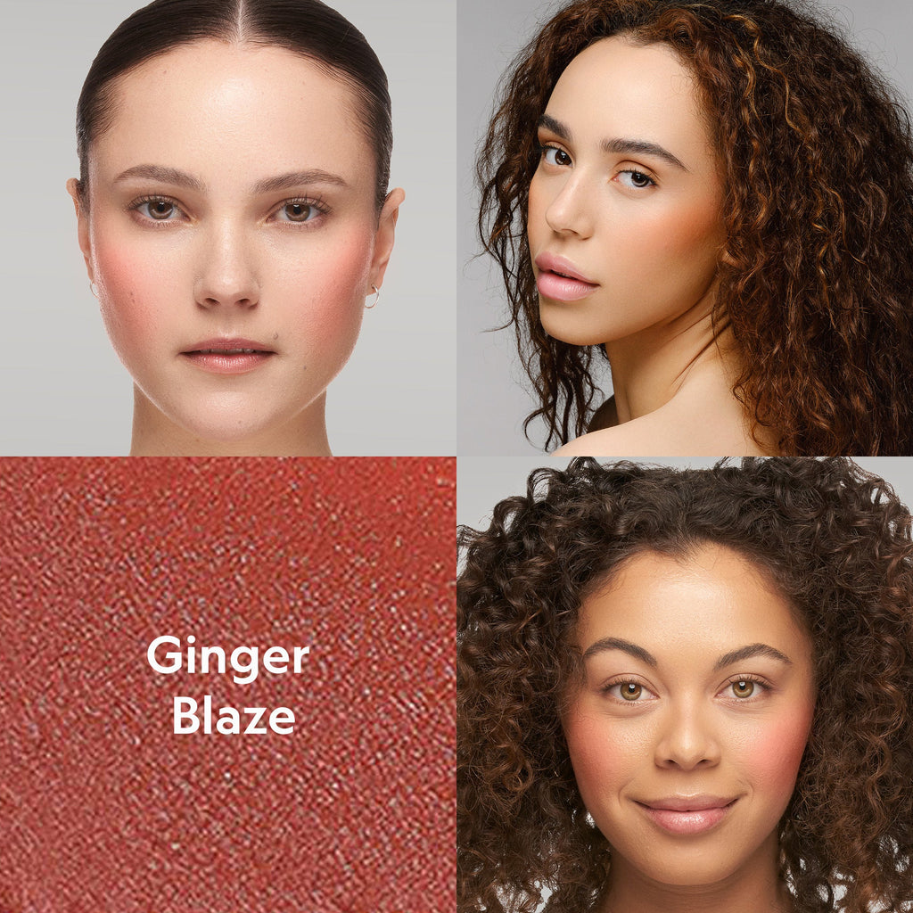 Close-up of buildable cream blush compact with a soft rosy swatch on fair skin showing a dewy, natural flush