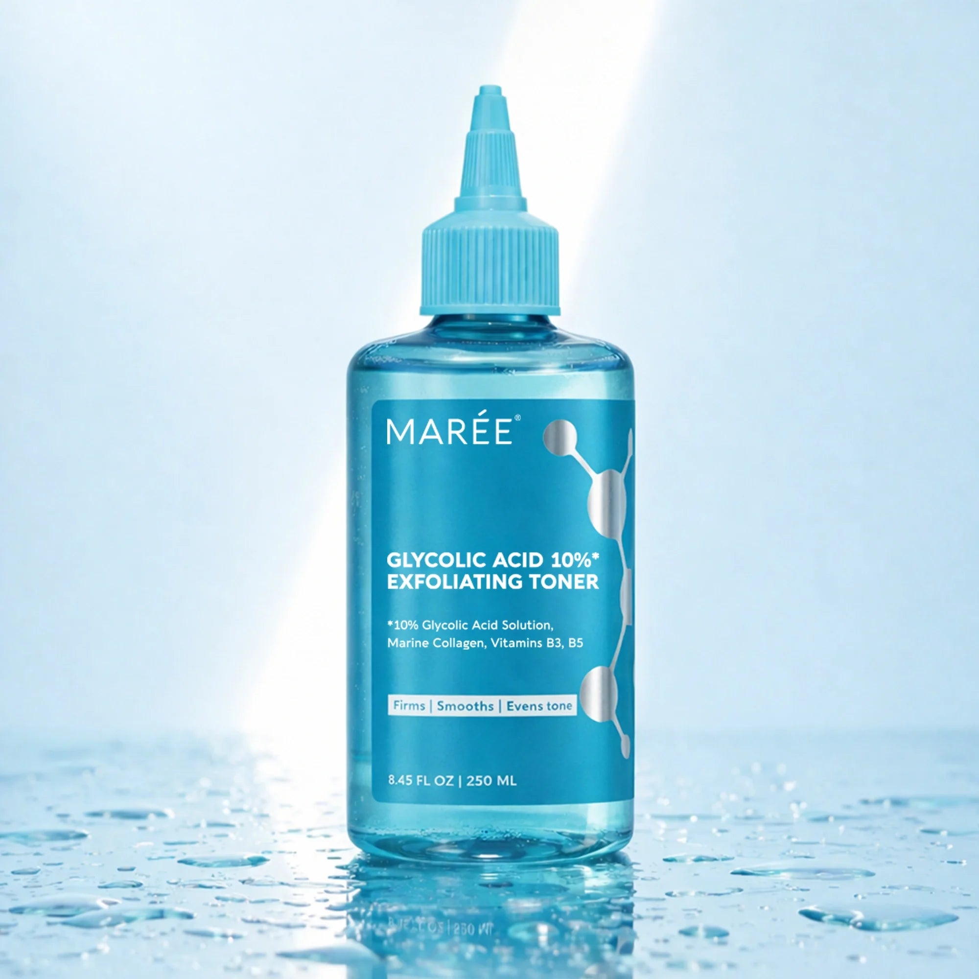 Marée Glycolic Acid Glow Boost Face Toner bottle on a clean white surface, skincare flatlay