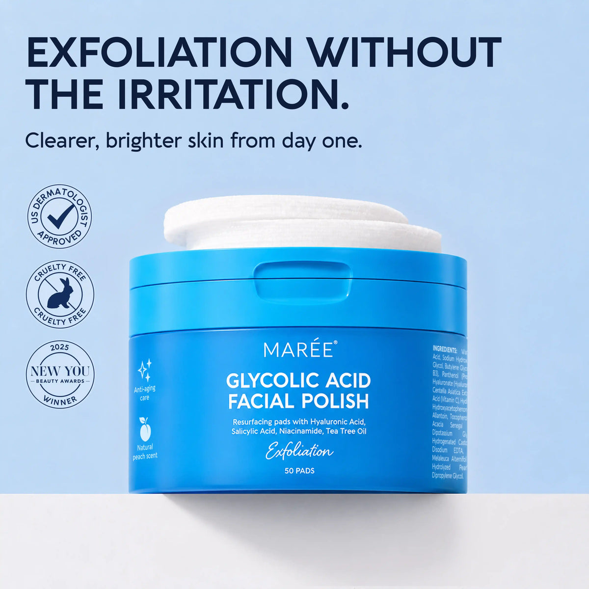 Maree glycolic acid exfoliating toner pads in minimalist packaging on a clean white surface