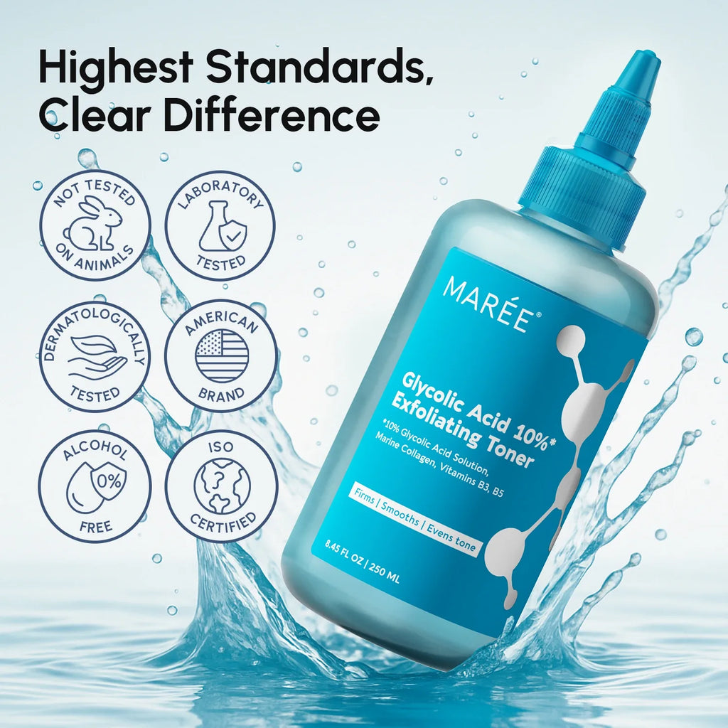 Marée Glycolic Acid Glow Boost Face Toner bottle on a clean white surface, skincare flatlay