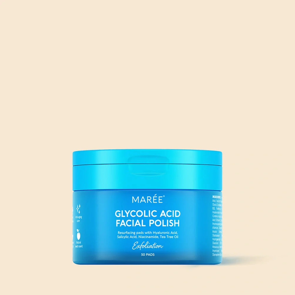 Maree glycolic acid exfoliating toner pads in minimalist packaging on a clean white surface