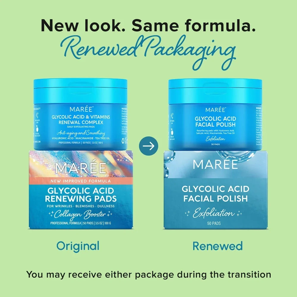 Maree glycolic acid exfoliating toner pads in minimalist packaging on a clean white surface