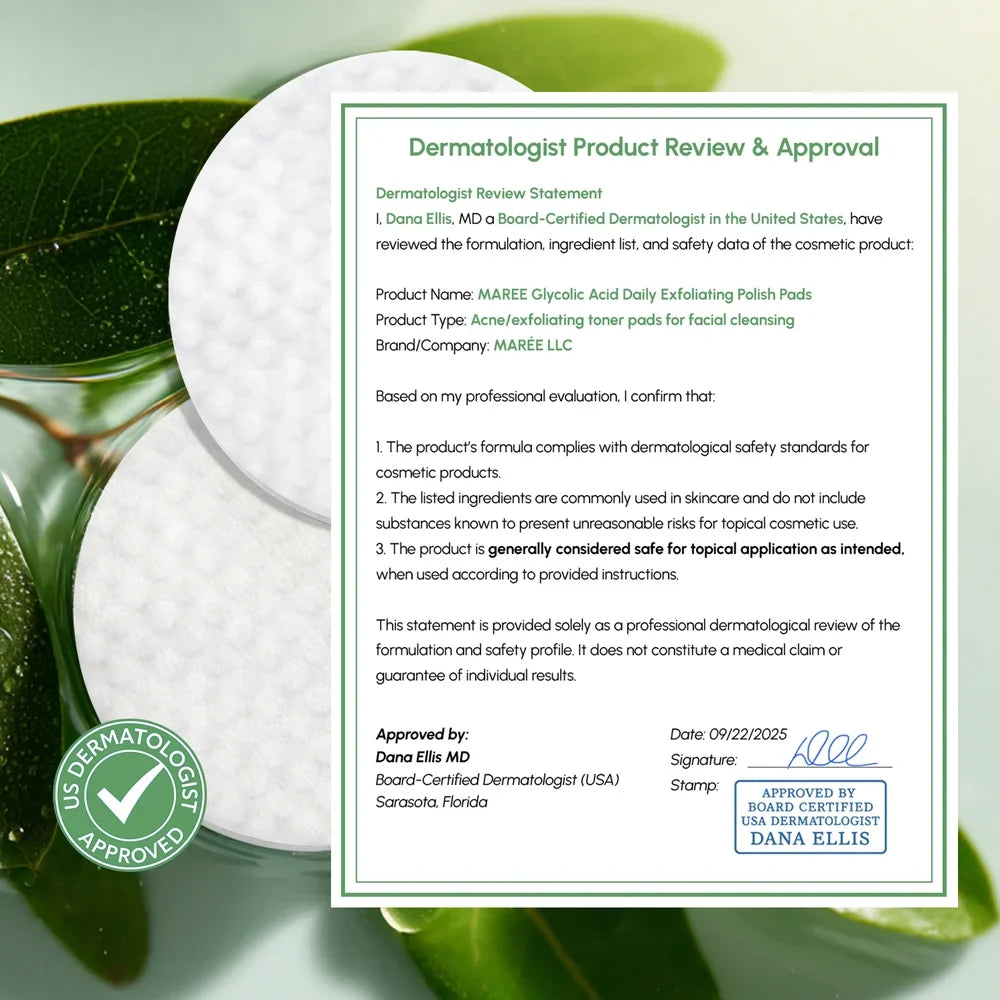 Maree glycolic acid exfoliating toner pads in minimalist packaging on a clean white surface