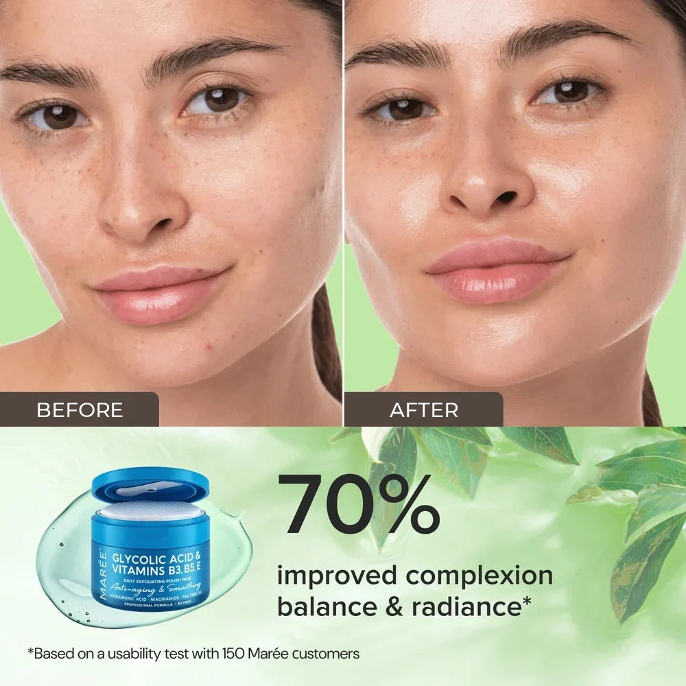 Maree glycolic acid exfoliating toner pads in minimalist packaging on a clean white surface