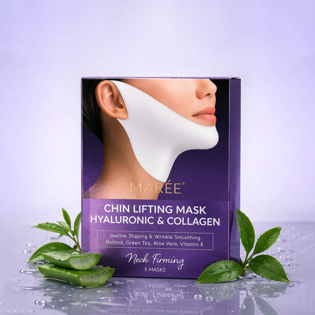 Model wearing a white V-line chin and neck lifting sheet mask, front-facing close-up showing fit and coverage