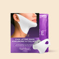 Model wearing a white V-line chin and neck lifting sheet mask, front-facing close-up showing fit and coverage