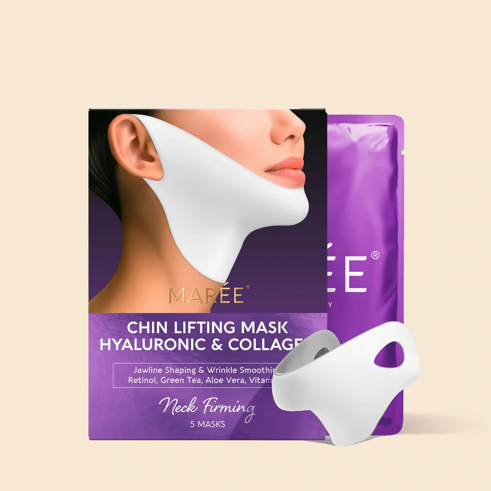 Model wearing a white V-line chin and neck lifting sheet mask, front-facing close-up showing fit and coverage
