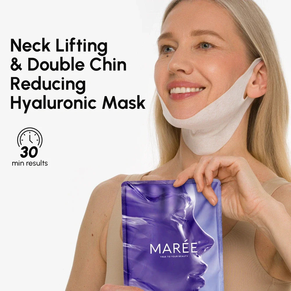 Model wearing a white V-line chin and neck lifting sheet mask, front-facing close-up showing fit and coverage