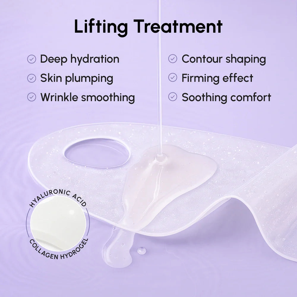 Model wearing a white V-line chin and neck lifting sheet mask, front-facing close-up showing fit and coverage