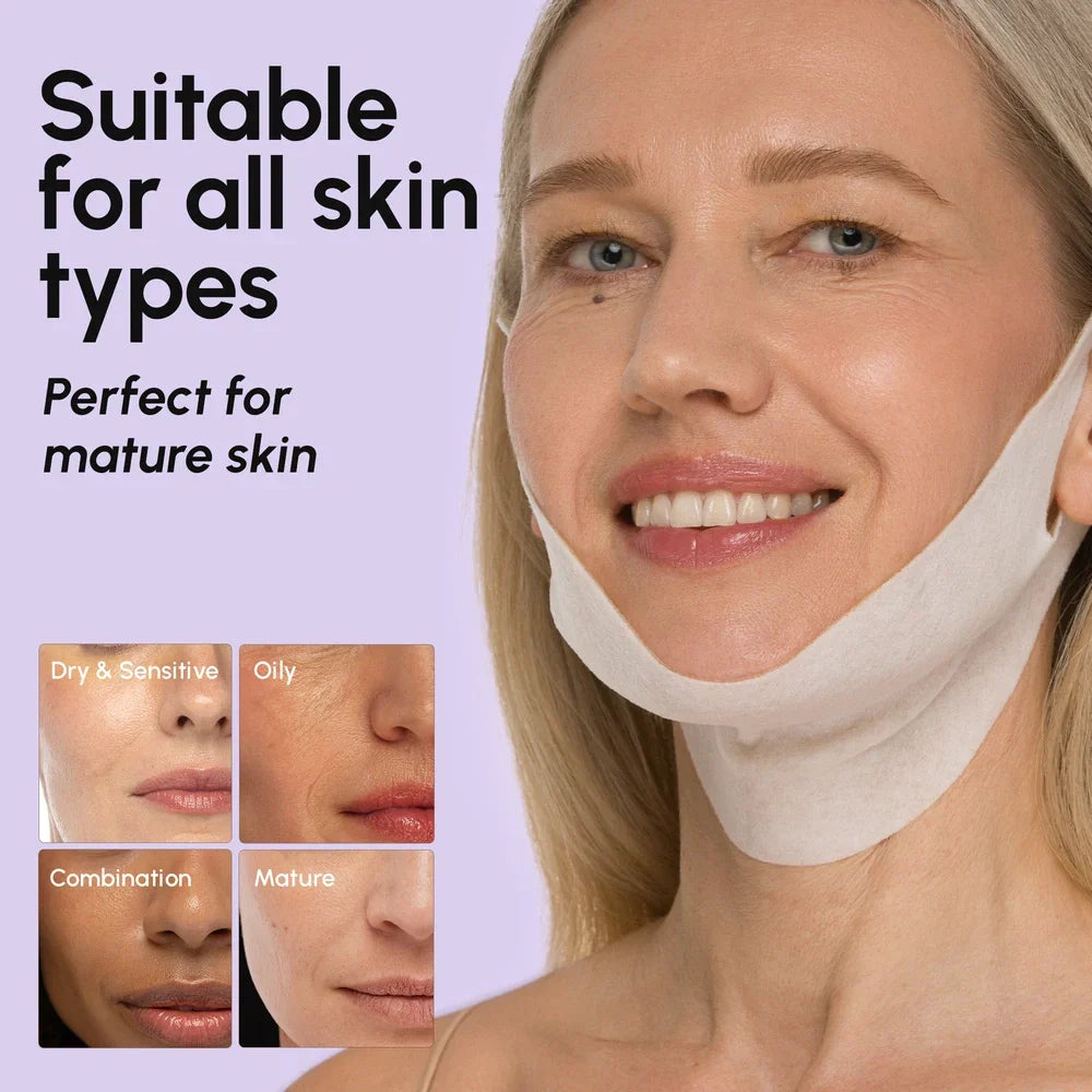 Model wearing a white V-line chin and neck lifting sheet mask, front-facing close-up showing fit and coverage