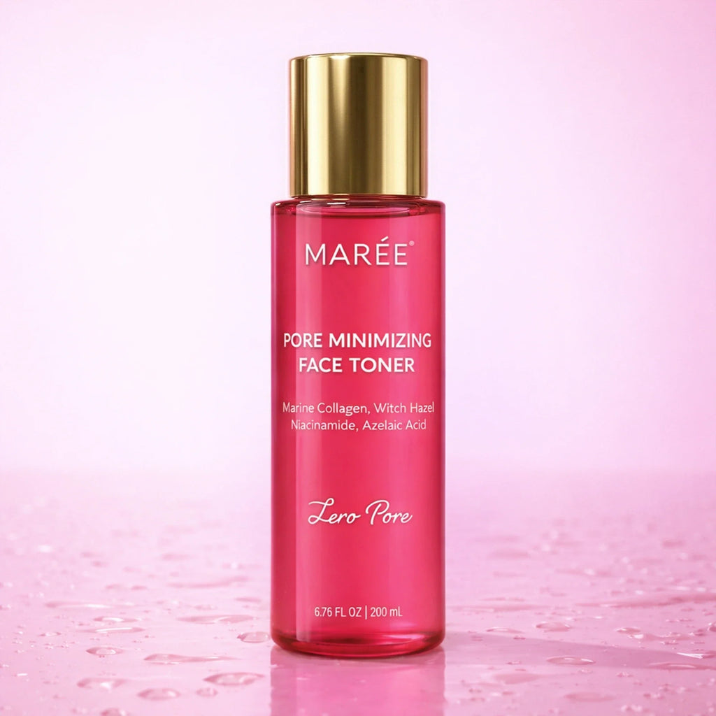 Marée Pore Refining Toner bottle on a minimal white surface, lightweight hydrating facial toner for pore refinement