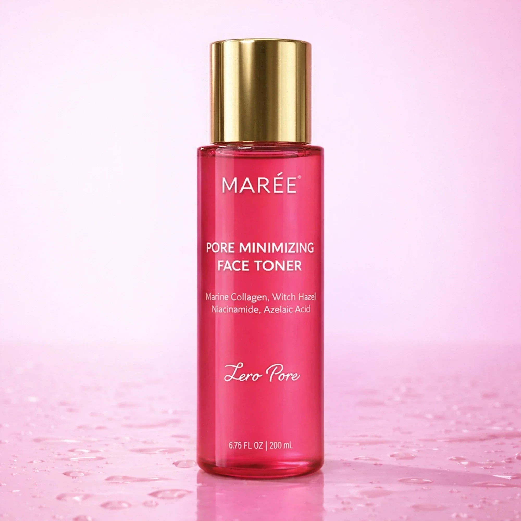 Marée Pore Refining Toner bottle on a minimal white surface, lightweight hydrating facial toner for pore refinement