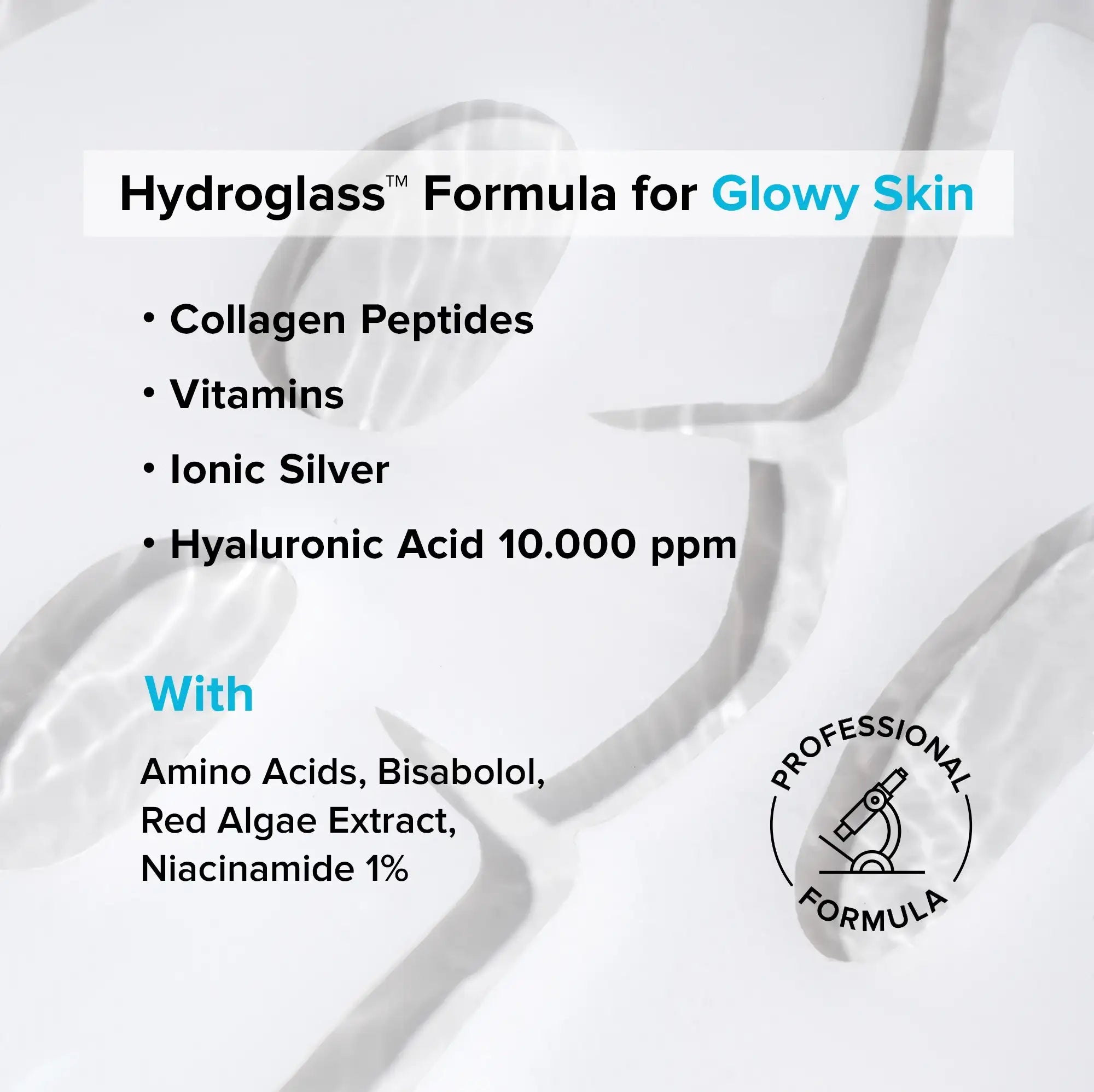 Hydrogel collagen face mask sheet shown flat with niacinamide and hyaluronic acid formula detail