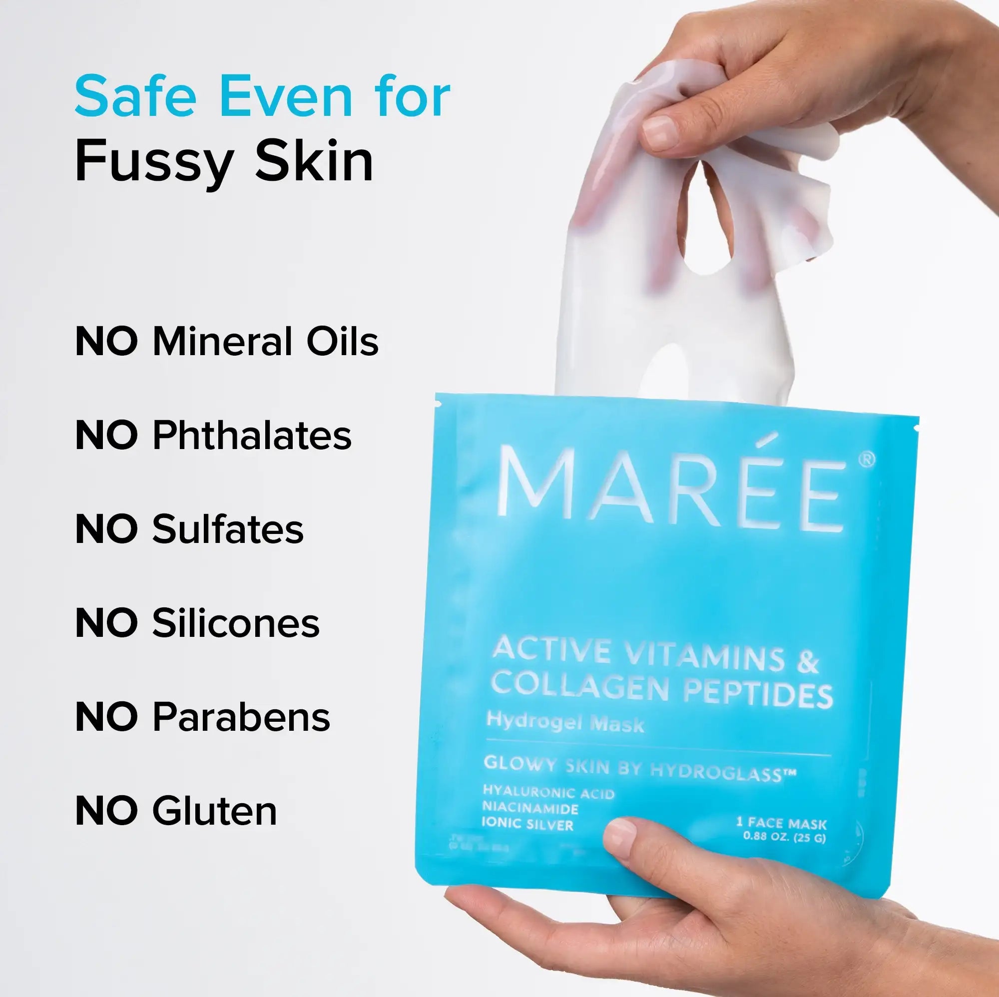 Hydrogel collagen face mask sheet shown flat with niacinamide and hyaluronic acid formula detail