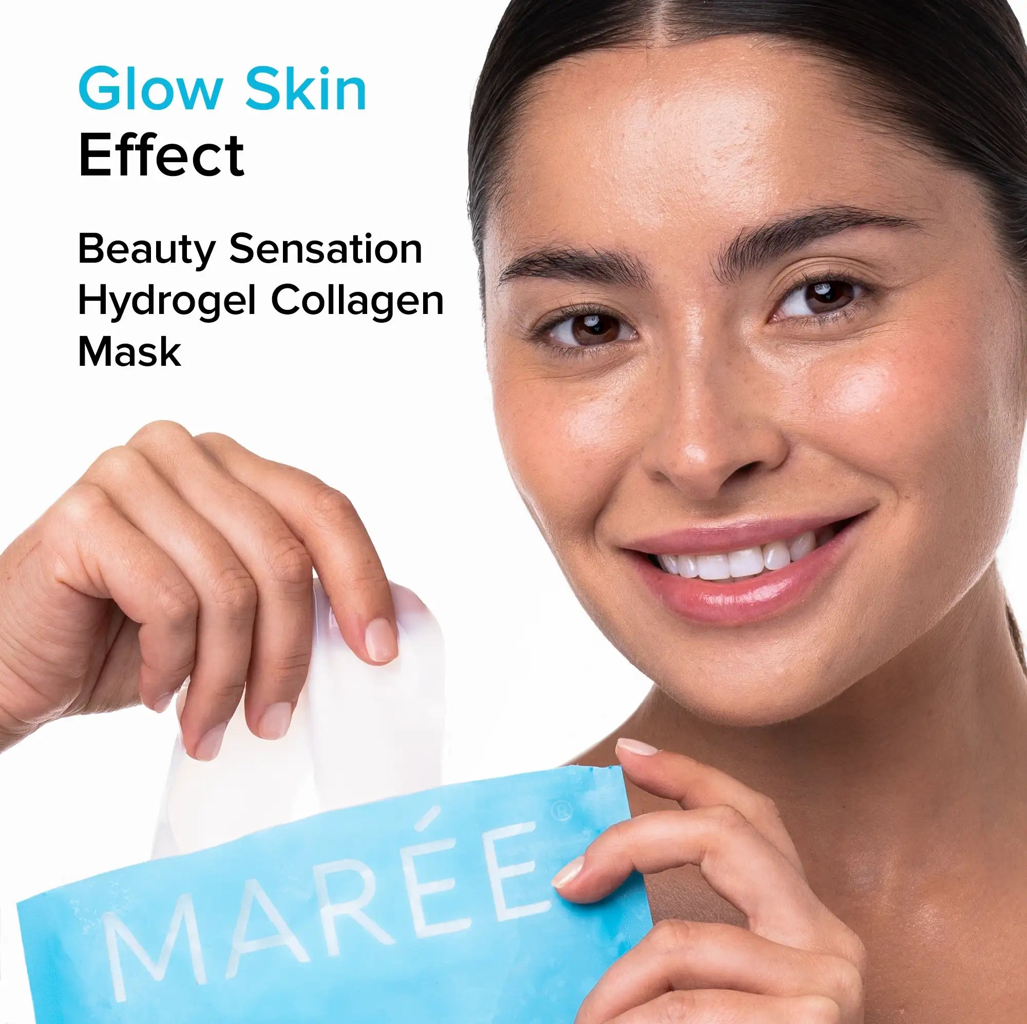 Hydrogel collagen face mask sheet shown flat with niacinamide and hyaluronic acid formula detail