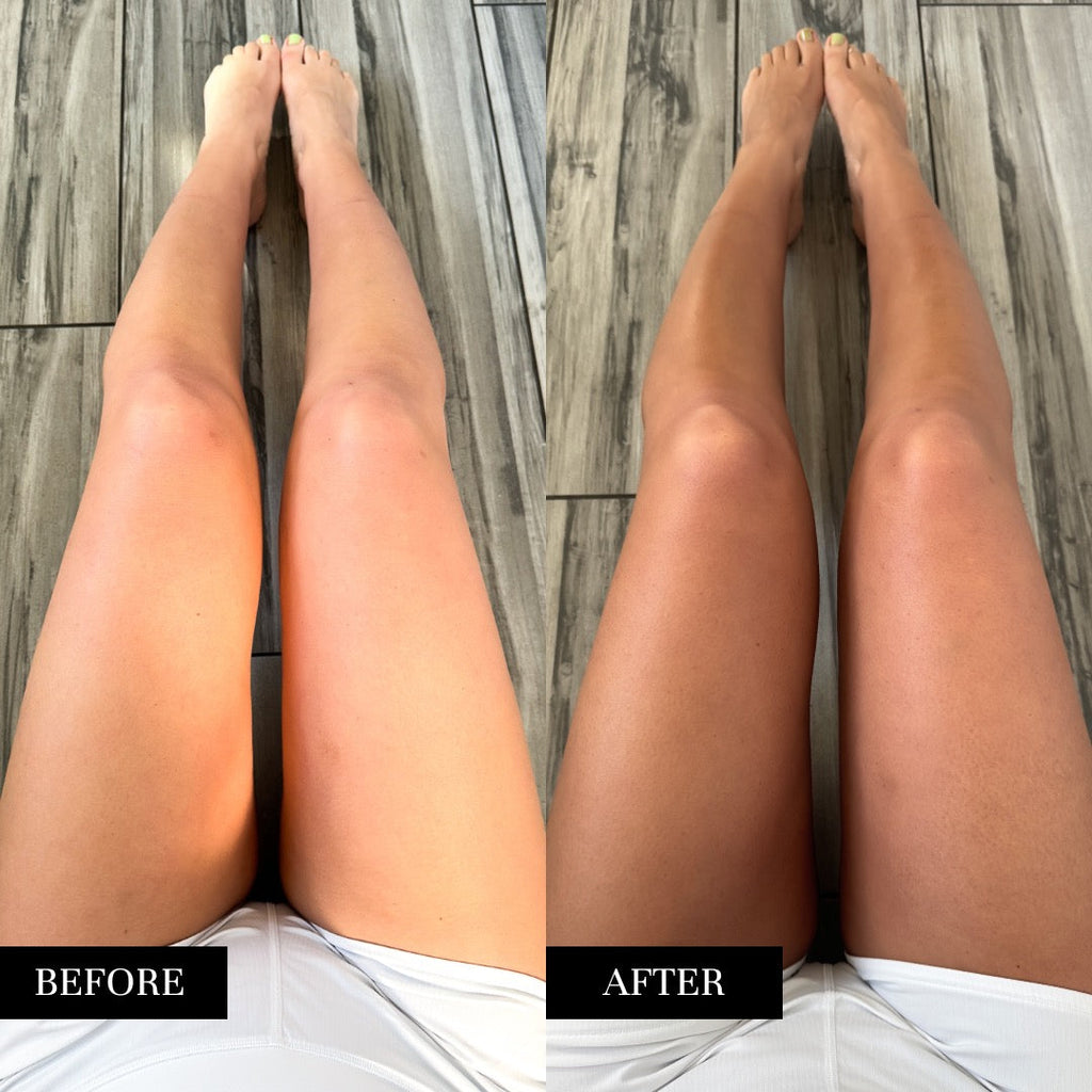 Dark neutral bronze self-tanning mousse in whipped foam texture, shown with applicator on light background