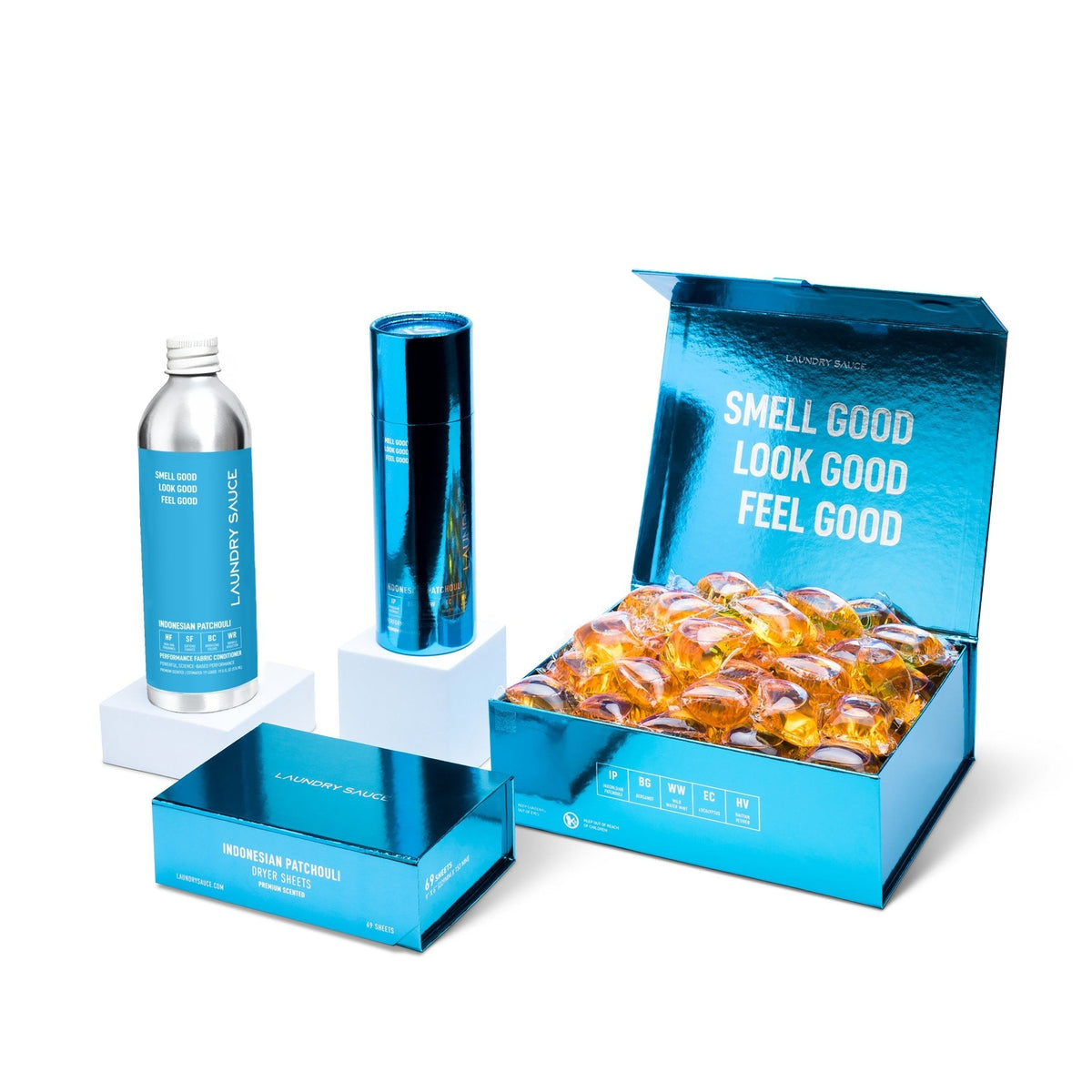Laundry Sauce Signature Package bundle with laundry pods, dryer sheets, scent booster and fabric softener