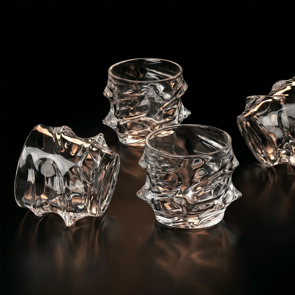 Handcrafted Storm Crystal Whisky Glass with textured exterior and smooth interior, filled with amber whisky