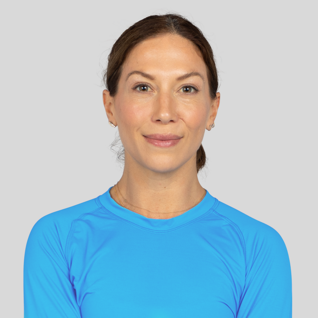 Women's long-sleeve UPF 50+ sun shirt in lightweight Italian fabric with thumbholes, shown from front