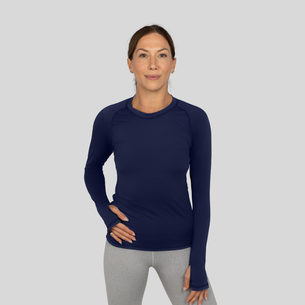 Women's long-sleeve UPF 50+ sun shirt in lightweight Italian fabric with thumbholes, shown from front