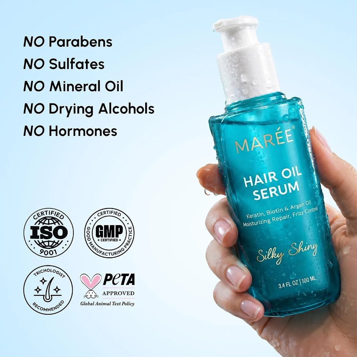 Maree keratin argan oil hair serum bottle for smooth, frizz-free, shiny hair
