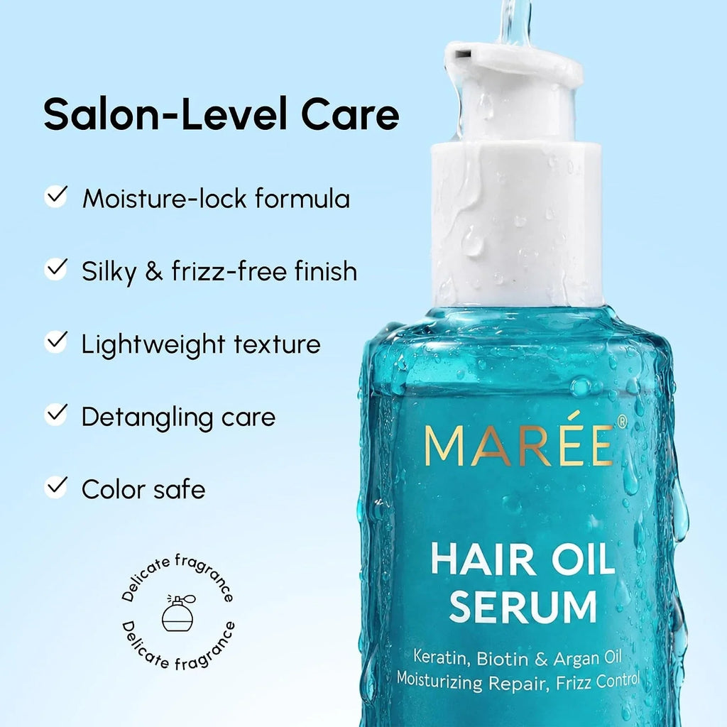 Maree keratin argan oil hair serum bottle for smooth, frizz-free, shiny hair