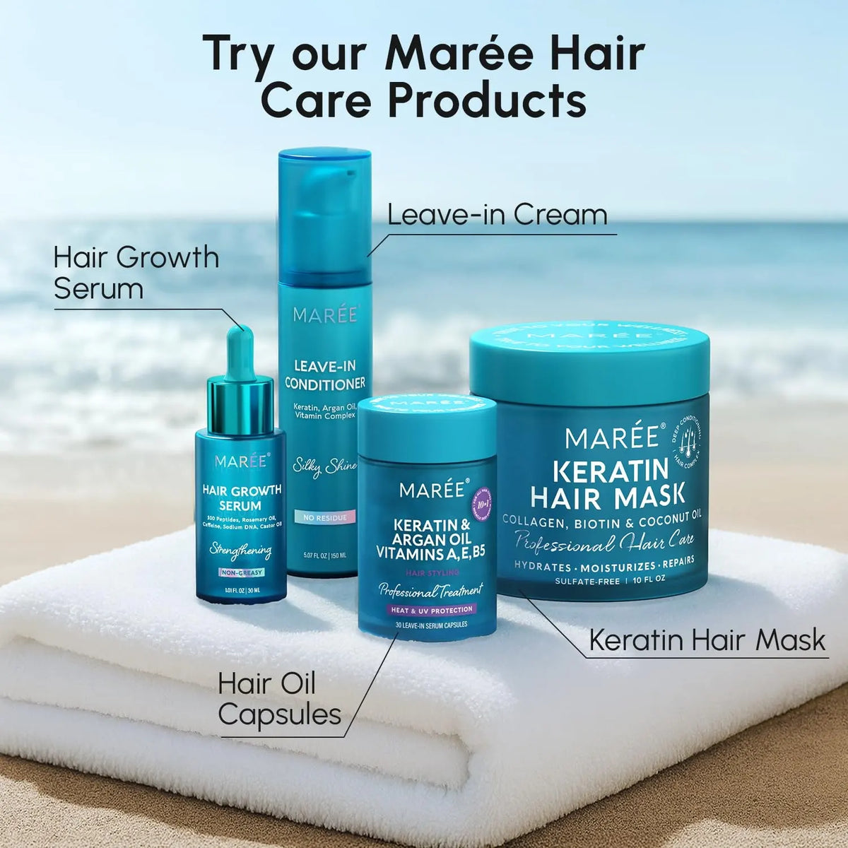 Maree keratin argan oil hair serum bottle for smooth, frizz-free, shiny hair