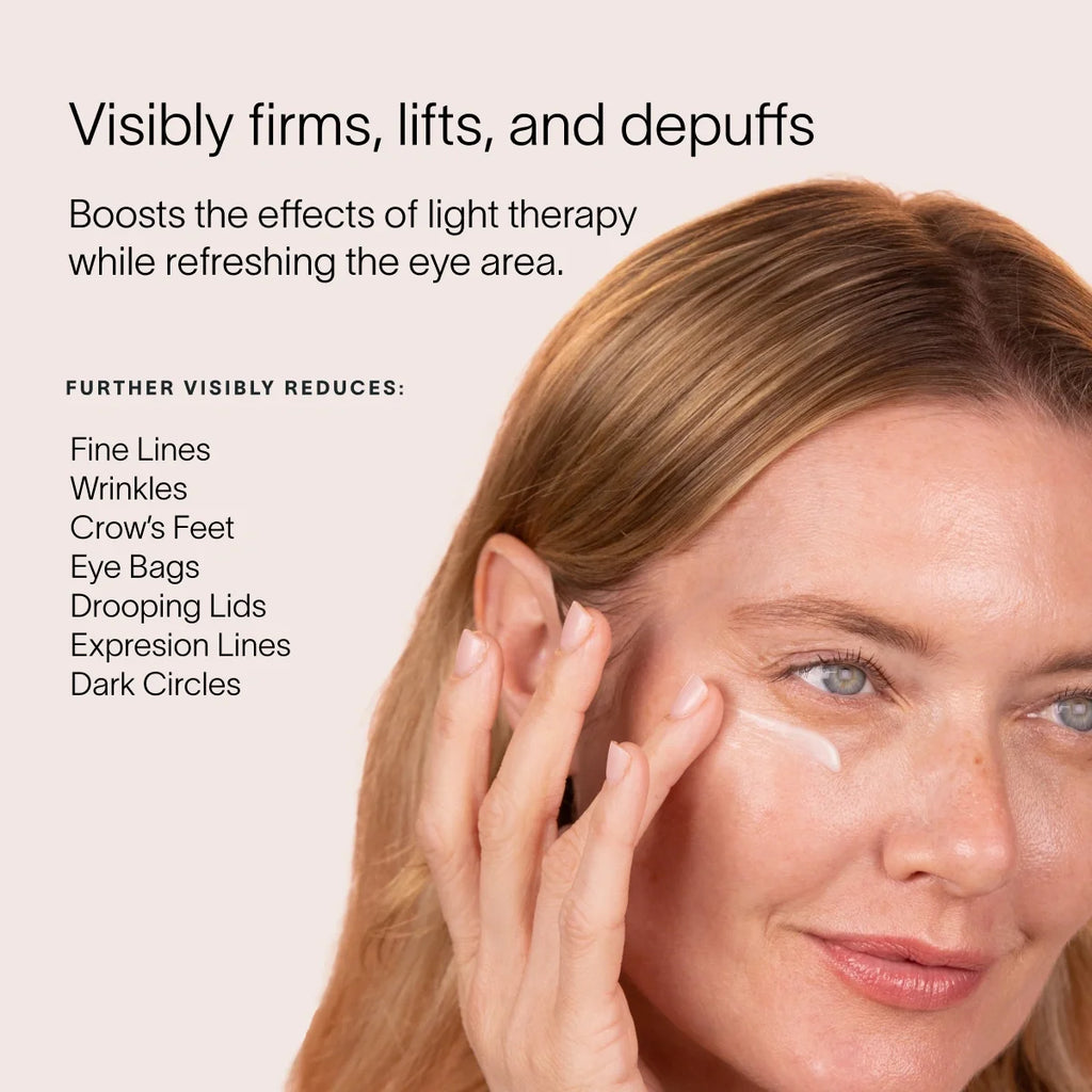 Solawave LightBoost Eye Cream tube on a clean surface, showcasing the silky cooling formula for dark circles and puffiness