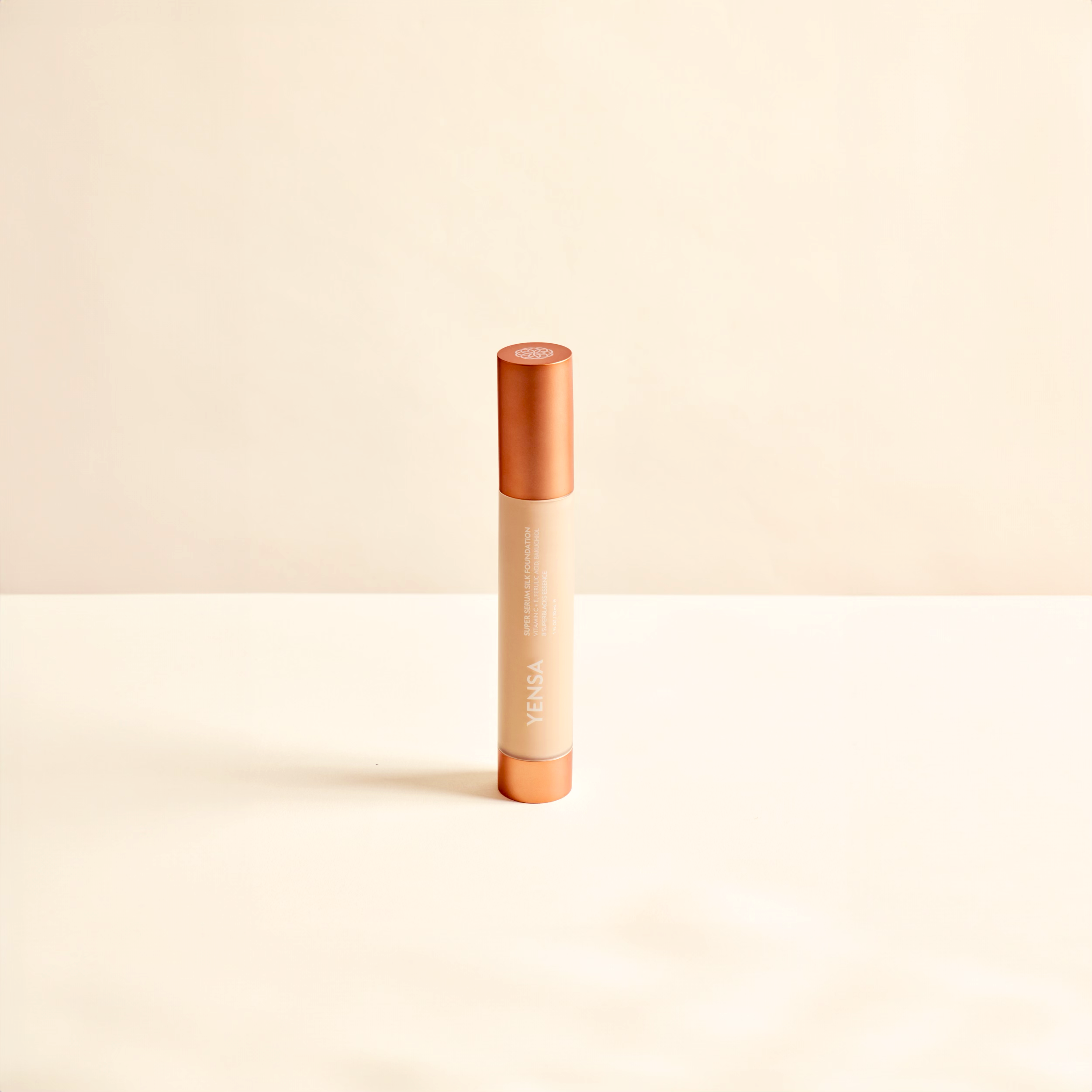 Super Serum Silk Foundation bottle with luminous natural glow finish, serum-texture hydrating peptide foundation