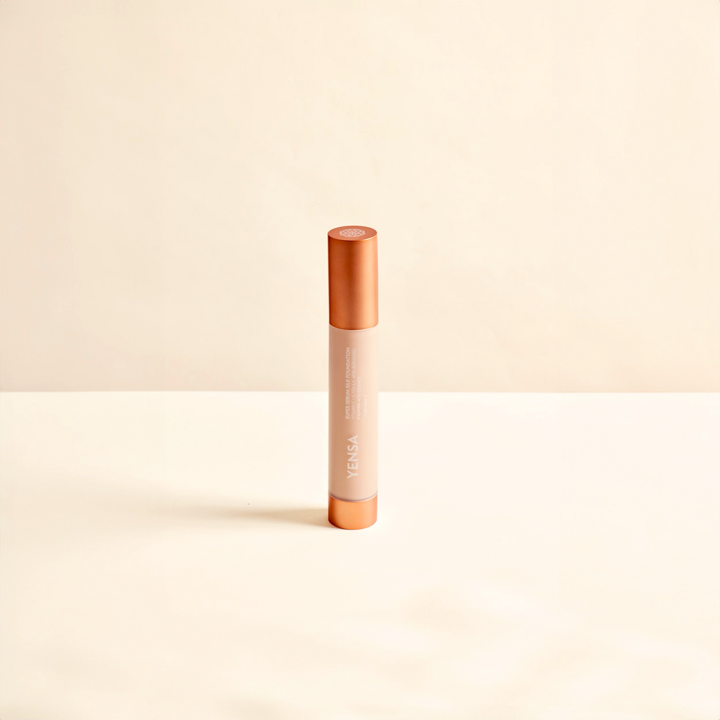 Super Serum Silk Foundation bottle with luminous natural glow finish, serum-texture hydrating peptide foundation