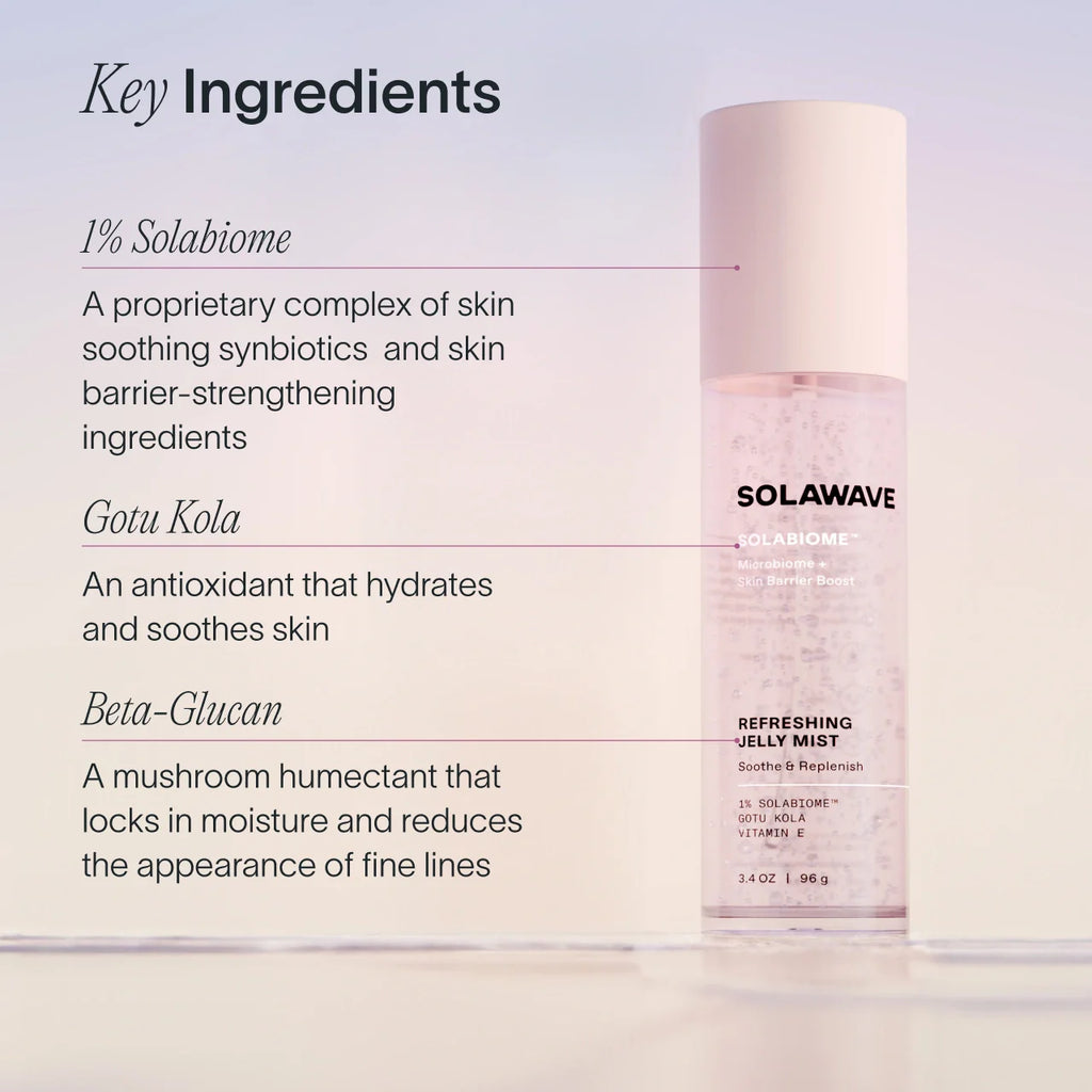 Solawave Solabiome Refreshing Jelly Mist bottle being spritzed onto clear skin, ultra-light probiotic face toner