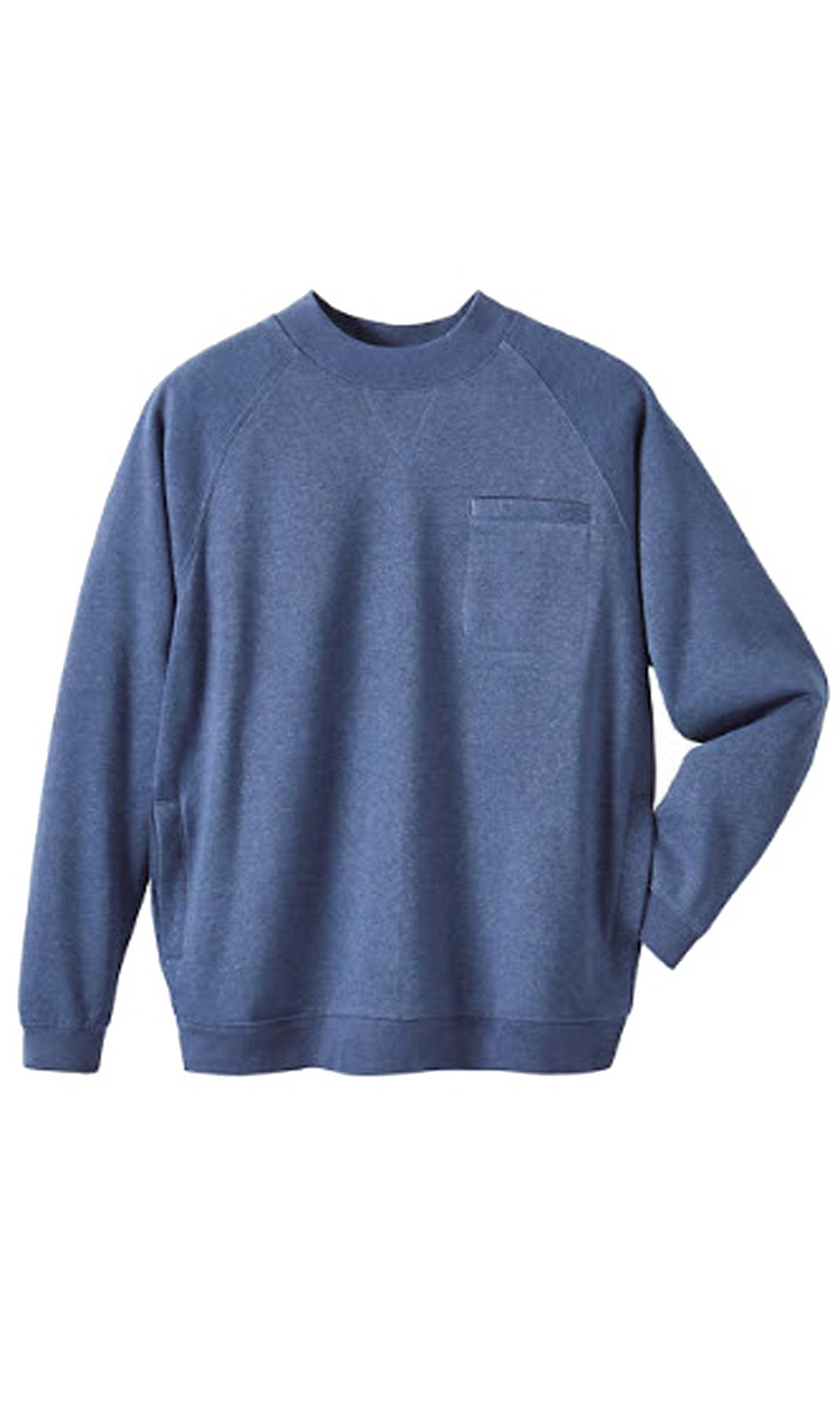 Men's fleece-lined cotton-poly pullover sweatshirt with chest pocket and raglan shoulder seams in a relaxed fit