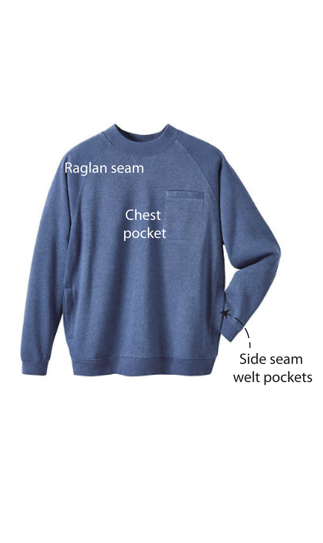 Men's fleece-lined cotton-poly pullover sweatshirt with chest pocket and raglan shoulder seams in a relaxed fit