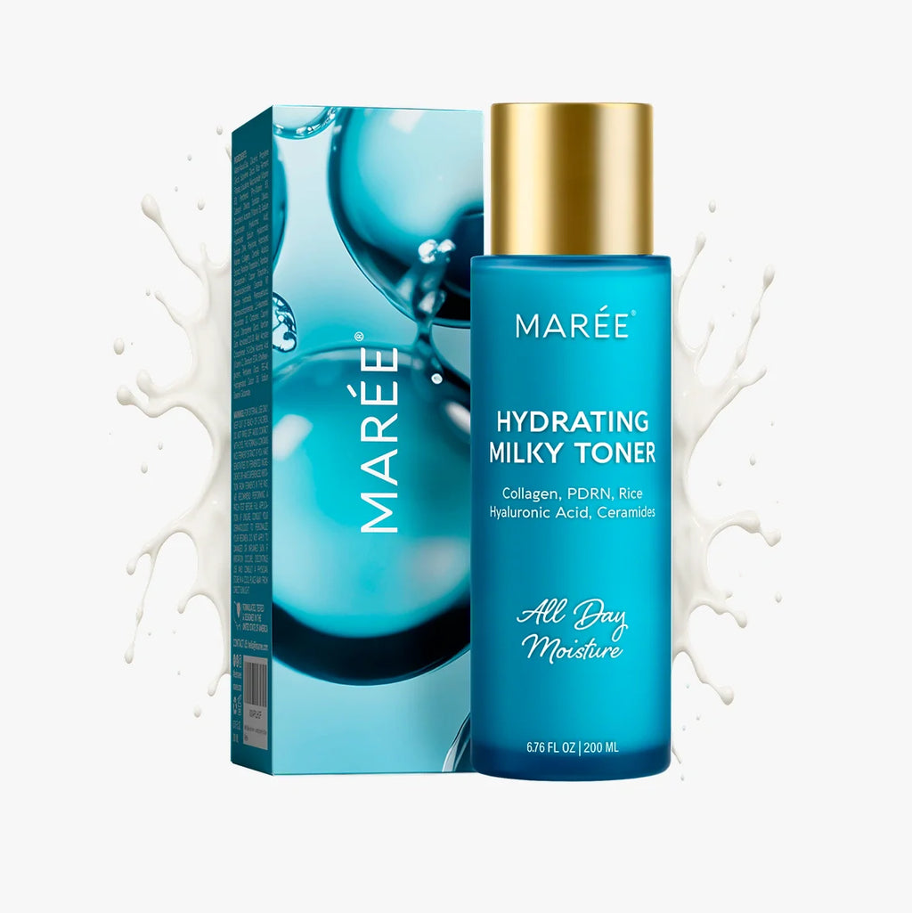 Marée Milky Rice Hydrating Toner bottle with milky white liquid texture on a clean skincare flat lay