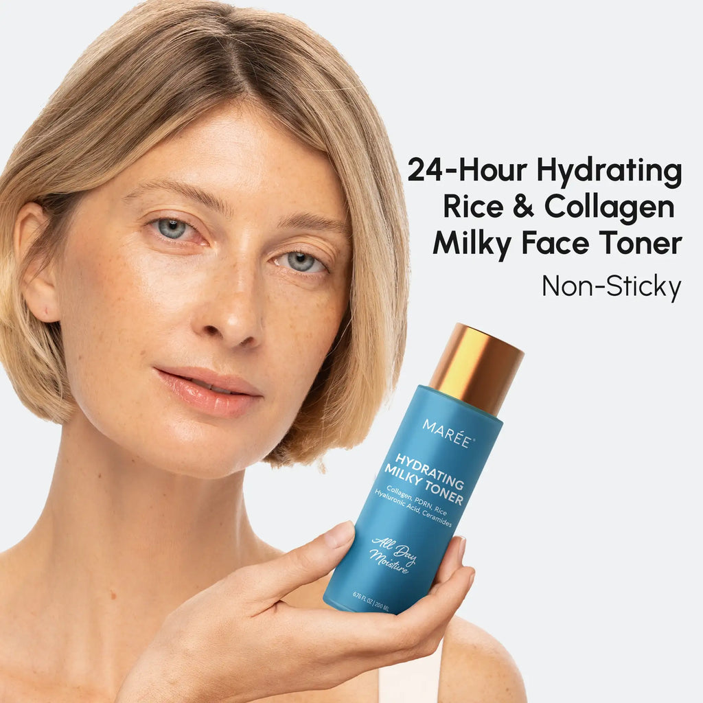 Marée Milky Rice Hydrating Toner bottle with milky white liquid texture on a clean skincare flat lay
