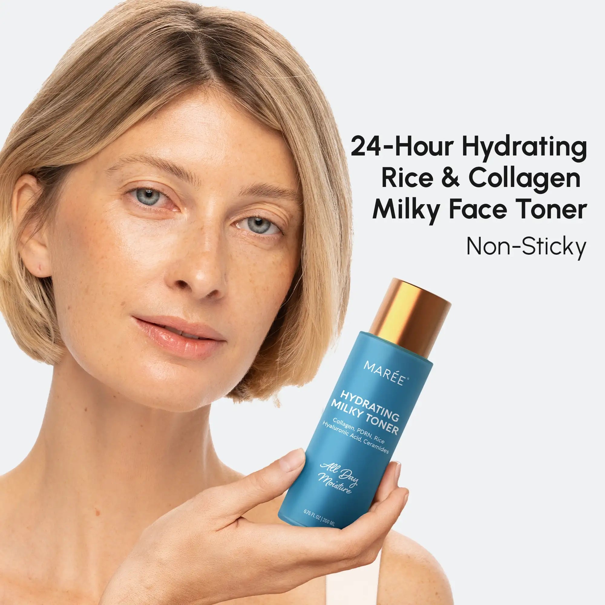 Marée Milky Rice Hydrating Toner bottle with milky white liquid texture on a clean skincare flat lay