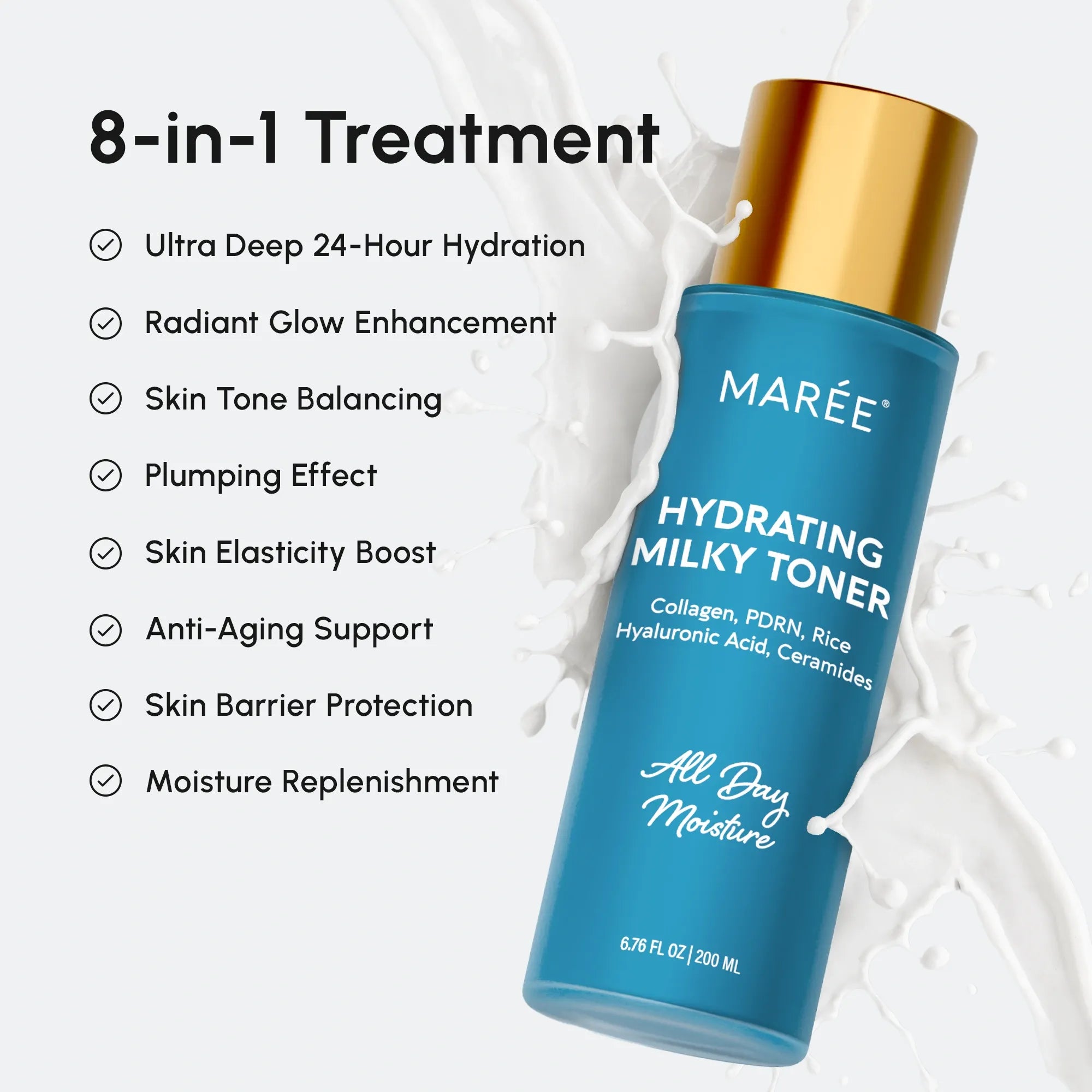 Marée Milky Rice Hydrating Toner bottle with milky white liquid texture on a clean skincare flat lay