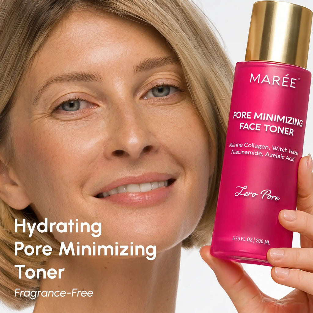 Marée Pore Refining Toner bottle on a minimal white surface, lightweight hydrating facial toner for pore refinement