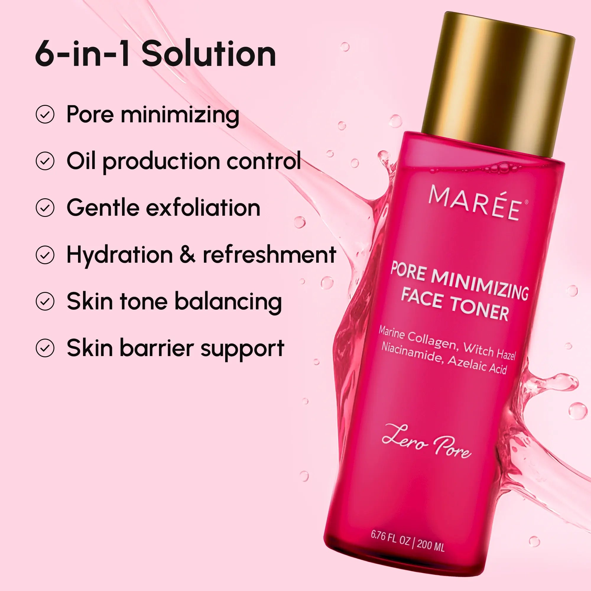 Marée Pore Refining Toner bottle on a minimal white surface, lightweight hydrating facial toner for pore refinement