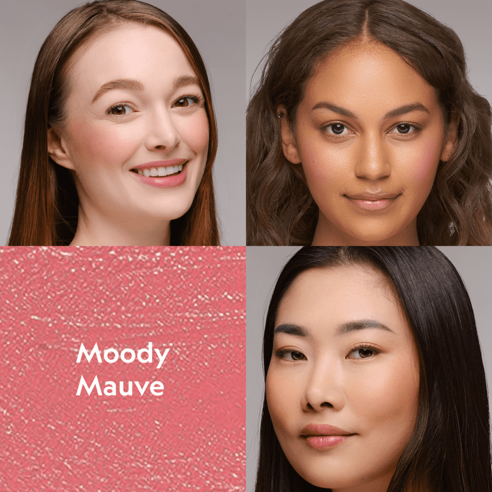Close-up of buildable cream blush compact with a soft rosy swatch on fair skin showing a dewy, natural flush