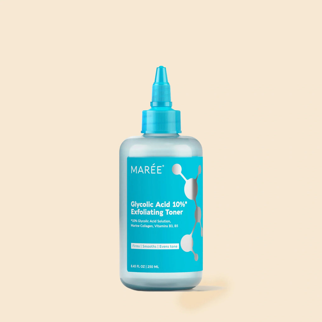 Marée Glycolic Acid Glow Boost Face Toner bottle on a clean white surface, skincare flatlay